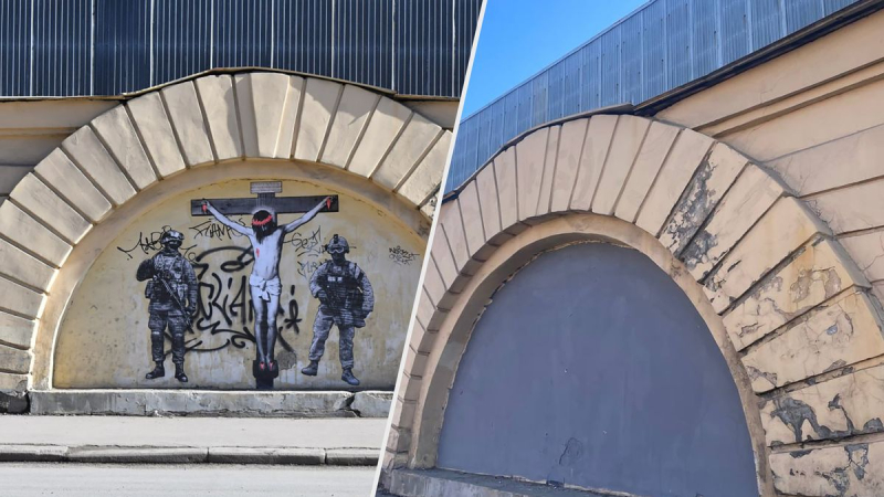 Graffiti contra la guerra con Jesús crucificado y fuerzas de seguridad pintadas en San Petersburgo