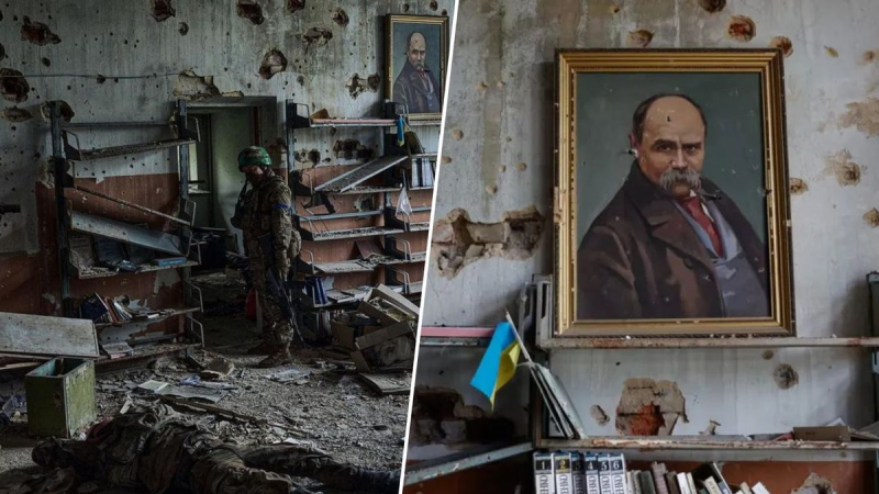 Retrato de Shevchenko sobrevivido en la biblioteca destruida del Blagodatny liberado: fotos fuertes