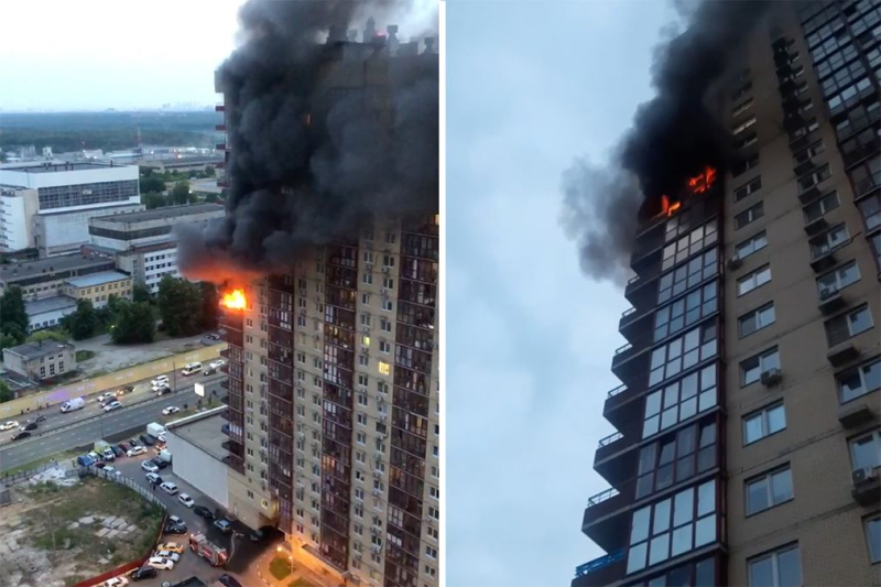 Un poderoso incendio ardía en un edificio de gran altura en la región de Moscú: un socorrista y un hombre cayó desde una altura