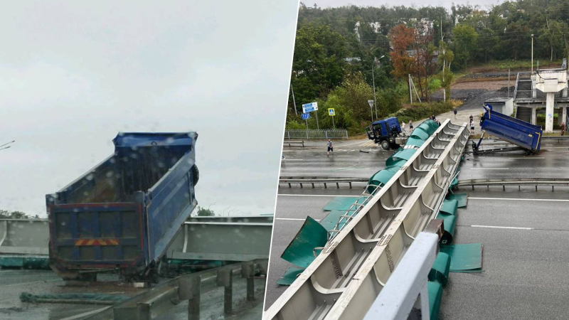 En Vladivostok, un camión volquete chocó contra un viaducto peatonal y el puente se derrumbó