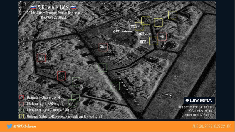 Avión destruido claramente visible: nuevo satélite imágenes después del ataque al aeródromo de Pskov