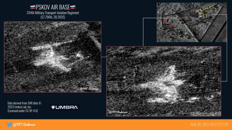 The Aviones destruidos: nuevas imágenes de satélite tras el ataque al aeródromo de Pskov