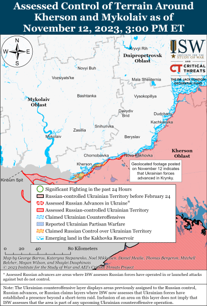 Mapa de operaciones de combate al 13 de noviembre , 2023: situación en el frente