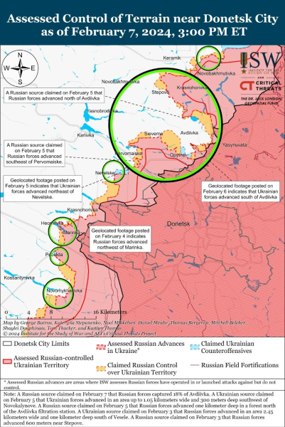 Mapa de operaciones militares al 8 de febrero de 2024 — situación en el frente