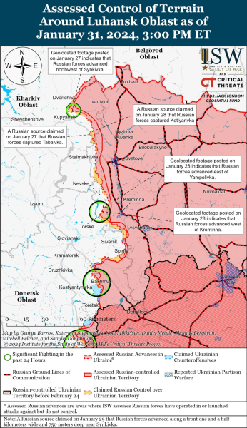 Mapa de acciones de combate al 1 de febrero de 2024 – situación en el frente