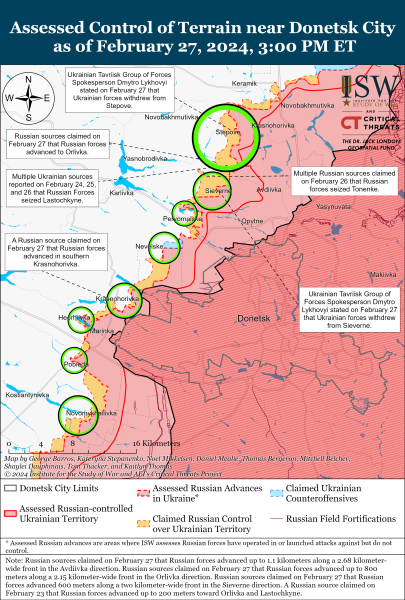 La ofensiva rusa en el área de Avdeevka se acerca a su clímax: ISW