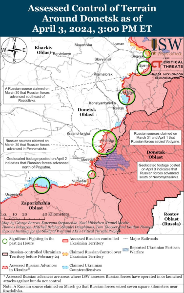 Mapa de acciones de combate al 4 de abril de 2024 – situación en el frente