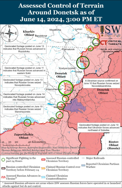 Mapa de acciones de combate el 15 de junio de 2024 – situación en el frente