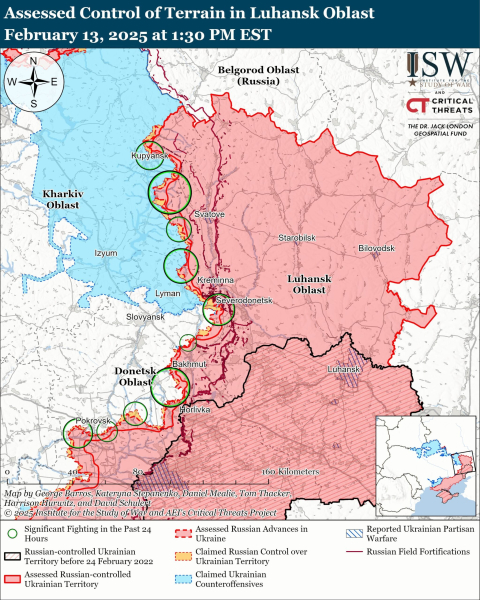 Mapa de las operaciones militares al 14 de febrero de 2025 - situación en el frente