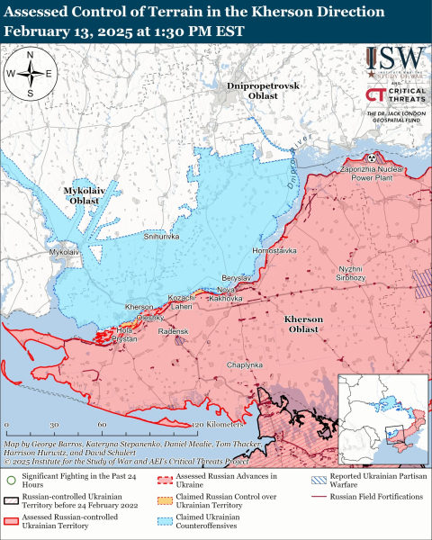 Mapa de las operaciones militares el 14 de febrero de 2025 - situación en el frente