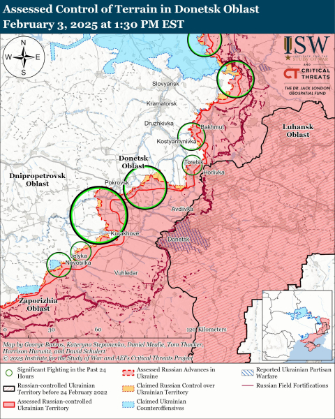 Mapa de las operaciones militares al 4 de febrero de 2025 - situación en el frente